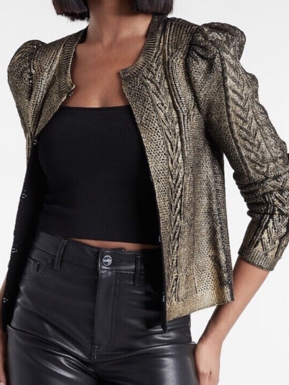 Express Metallic Gold Cable Knit Puff-Sleeve Sweater with top